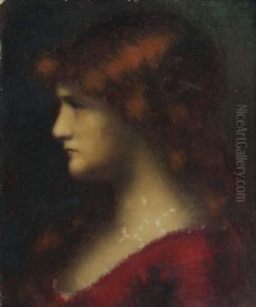 Jeune Femme Rousse De Profil En Robe Rouge Oil Painting by Jean-Jacques Henner