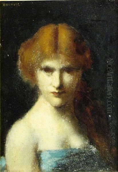 A Young Woman Wearing A Blue Wrap Oil Painting by Jean-Jacques Henner