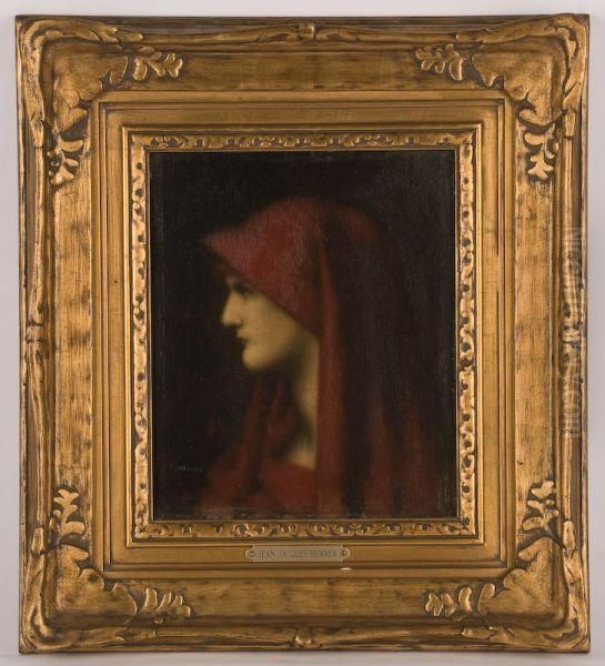 Portrait Of A Woman In Profile Wearing Red Drapery Oil Painting by Jean-Jacques Henner