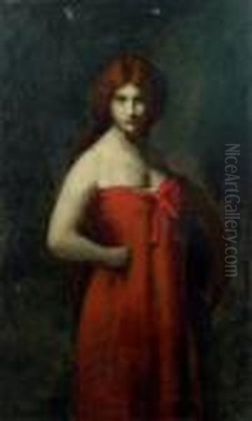 Portrait De Femme En Robe Rouge Toile, Signee En Haut A Gauche Oil Painting by Jean-Jacques Henner