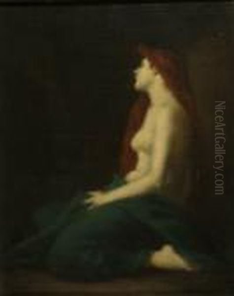 Study Of A Nude, With Long Titian Hair, Kneeling With A Green Clothover Her Knees Oil Painting by Jean-Jacques Henner