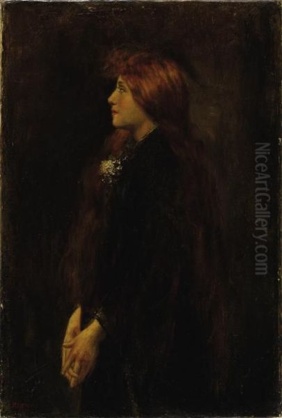 Portrait, Red Haired Beauty Standing In Profile Oil Painting by Jean-Jacques Henner