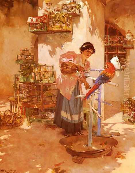 Lady Feeding Birds Oil Painting by Edouard Menta