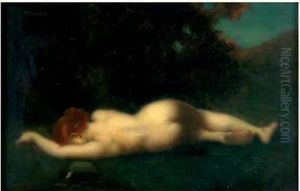 Jeune Femme Nue Allongee Dans Un Pre Se Mirant Dans Un Ruisseau Oil Painting by Jean-Jacques Henner