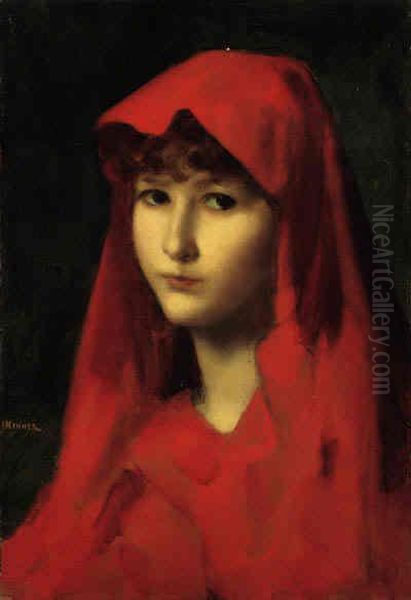 A Young Girl With Red Cape Oil Painting by Jean-Jacques Henner