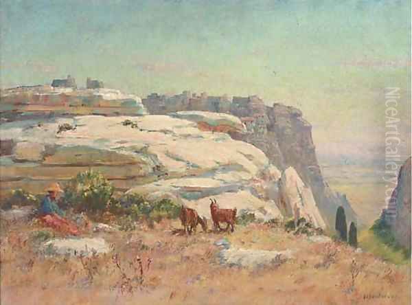 Goats on a sunny hill side Oil Painting by Frederic Montenard