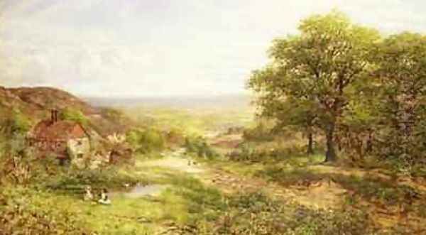 Landscape with Children by a Pond 1884 Oil Painting by George William Mote