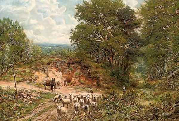 A shepherd and his flock on a country road Oil Painting by George William Mote