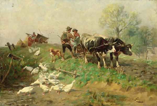 Ducks by a Pond Oil Painting by Antonio (Antonis Matteo) Montemezzo