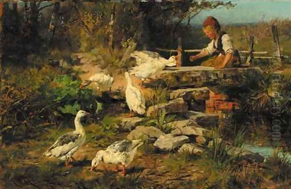 A peasant girl feeding geese Oil Painting by Antonio (Antonis Matteo) Montemezzo