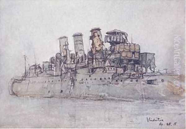 HMS Vindictive April 25th 1918 illustration from The Naval Front by Gordon S Maxwell 1920 Oil Painting by Donald Maxwell