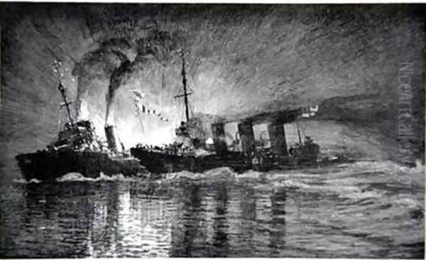 Broke ramming the German Destroyer illustration from The Naval Front by Gordon S Maxwell 1920 Oil Painting by Donald Maxwell