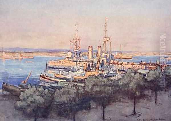 HMS Queen Trawlers and Drifters Taranto illustration from The Naval Front by Gordon S Maxwell 1920 Oil Painting by Donald Maxwell