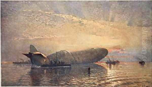 St George and the Dragon Zeppelin L15 in the Thames April 1916 Oil Painting by Donald Maxwell