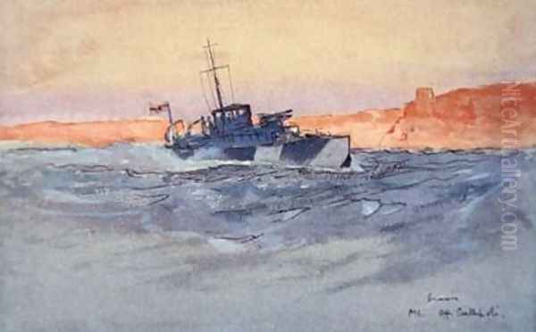 Sunrise Motor Launch off Gallipoli Italy illustration from The Naval Front by Gordon S Maxwell 1920 Oil Painting by Donald Maxwell