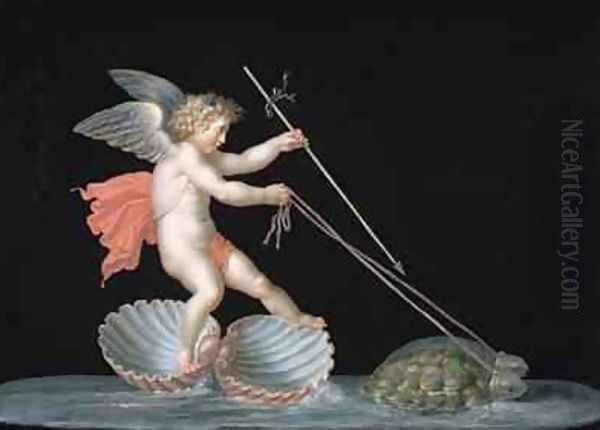 Cupid being led by Tortoises Oil Painting by Michelangelo Maestri