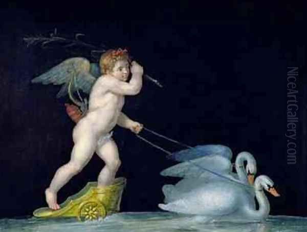 Cupid being led by a pair of swans Oil Painting by Michelangelo Maestri