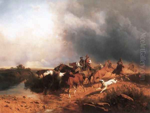 Italian Landscape with Galoping Horses 1871 Oil Painting by Andras Marko