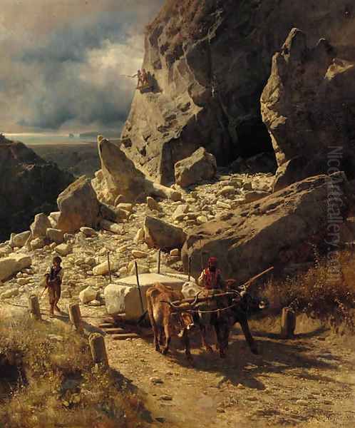 The marble quarries at Carrara Oil Painting by Andras Marko