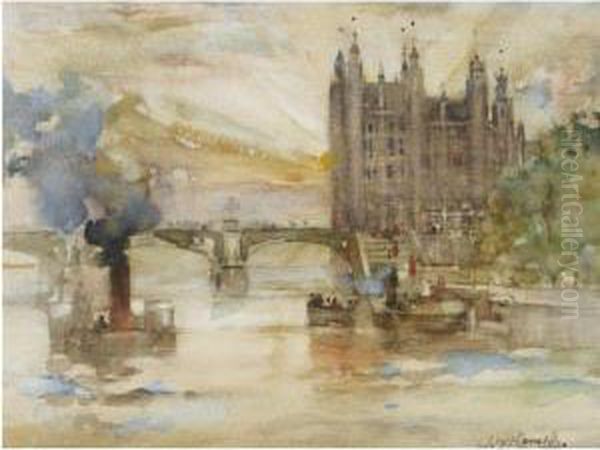 Houses Of Parliament From The River Oil Painting by James Watterston Herald