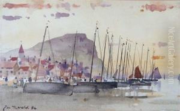 Fishing Boats And Figures On The Beach Before A Small Coastal Village Oil Painting by James Watterston Herald