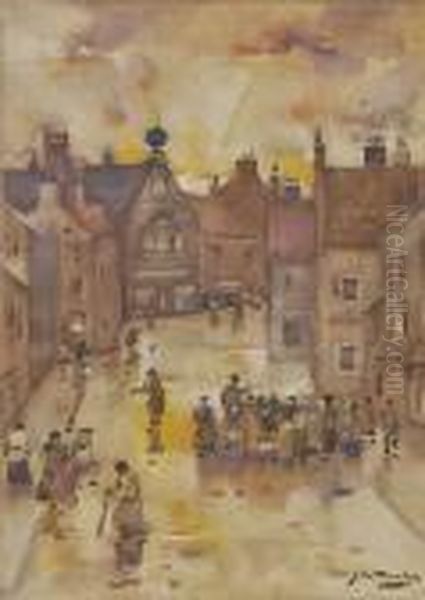 Figures On A Street At Twilight, Signed, Watercolour Oil Painting by James Watterston Herald