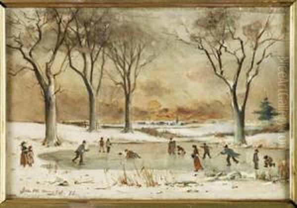 Curling And Skating On A Frozen Loch Oil Painting by James Watterston Herald