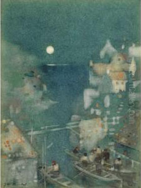 Harbour By Moonlight Oil Painting by James Watterston Herald