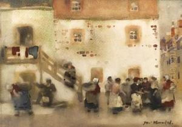 After The Service; The Roup; And Fisherwomen Gossiping(illustrated) Oil Painting by James Watterston Herald