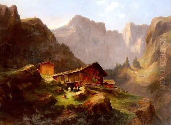 Hutte In Den Alpen (Hut in the Alps) Oil Painting by Jost Anton Muheim