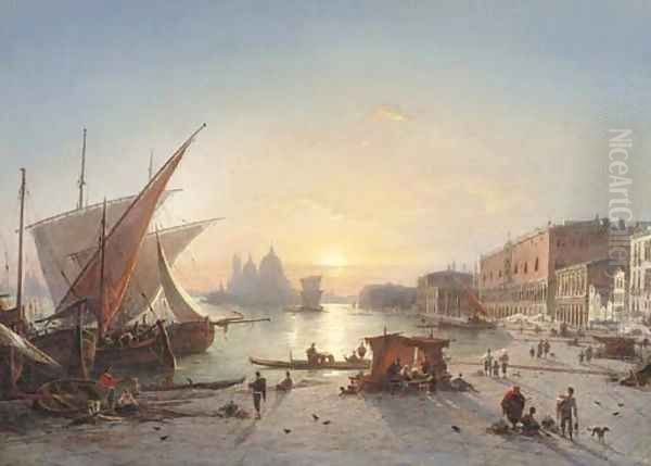 Ships Docked at the Riva degli Schiavoni with Palazzo Ducale and Santa Maria della Salute, Venice Oil Painting by Ludwig Mecklenburg