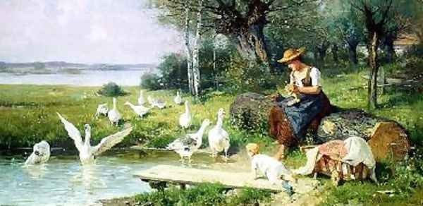 Mother and Child with Geese Oil Painting by Adolf Ernst Meissner