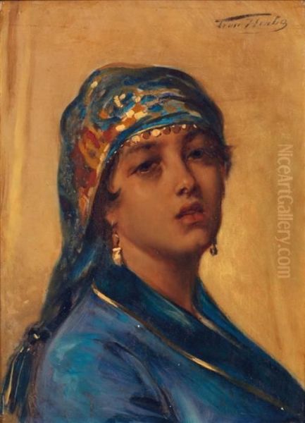 Orientale Au Voile Bleu Oil Painting by Leon Herbo