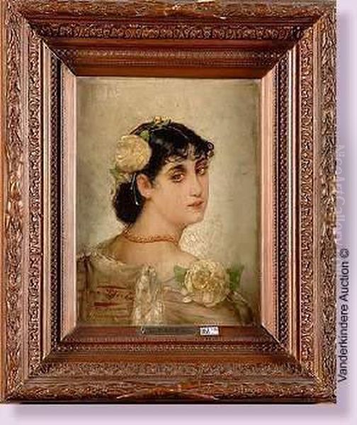 Portrait D'une Elegante Aux Roses Blanches Oil Painting by Leon Herbo