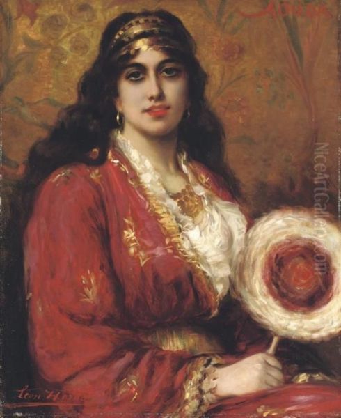 An Oriental Lady Holding A Fan Oil Painting by Leon Herbo