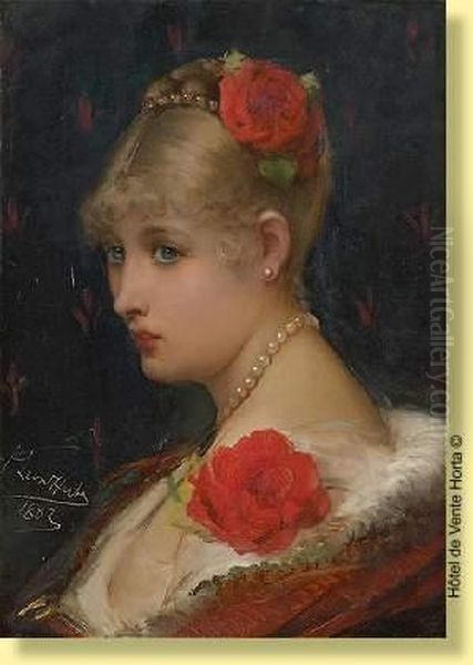 Elegante Aux Roses Et Au Collier De Perles Oil Painting by Leon Herbo