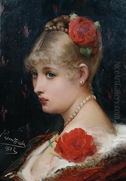 Roses And Pearls - Portrait Of A Youngwoman Oil Painting by Leon Herbo