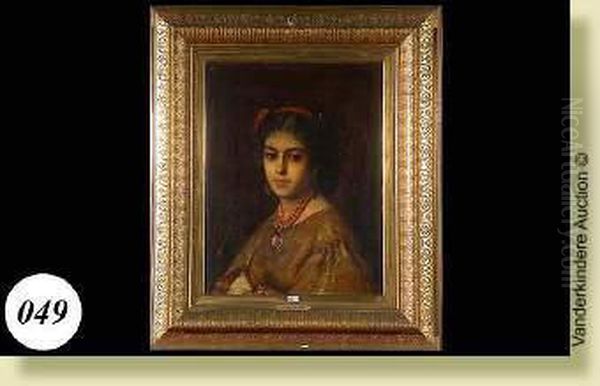 Portrait De Jeune Fille Au Collier Rouge Oil Painting by Leon Herbo