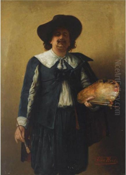 A Selfportrait Of The Artist, 
Standing Three Quarter Length, Wearing A 17th Century Style Costume Oil Painting by Leon Herbo