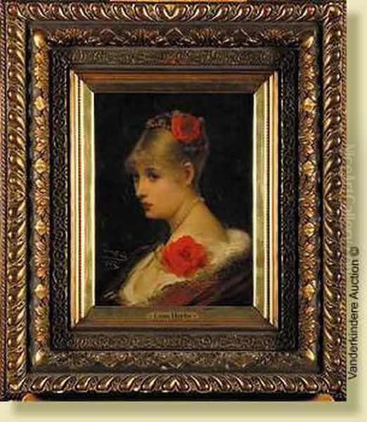 Portrait D'elegante Au Collier De Perles Etaux Roses Oil Painting by Leon Herbo