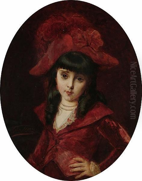 Portrait Of A Girl In Red Oil Painting by Leon Herbo