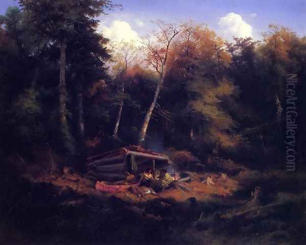 Indian Camp in the Forest Oil Painting by Heinrich Eduard Muller