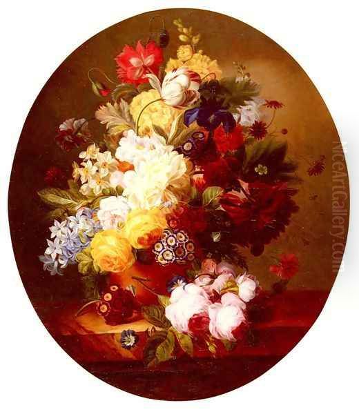 A Still Life With A Bouquet Of Flowers On A Marble Table Oil Painting by Louise Meyer