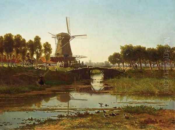 Windmill in a Summer Landscape Oil Painting by Gerrit Alexander Godart Mollinger