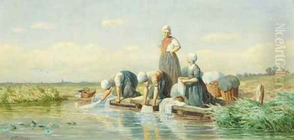 Doing the laundry Oil Painting by Gerrit Alexander Godart Mollinger