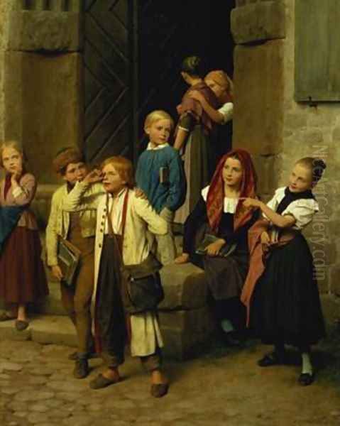 Schoolchildren Watching a Boy Cry 1861 Oil Painting by Friedrich Edouard Meyerheim