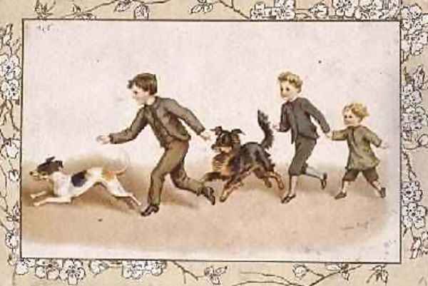 Greetings card depicting children playing with their dogs Oil Painting by Helena J. Maguire