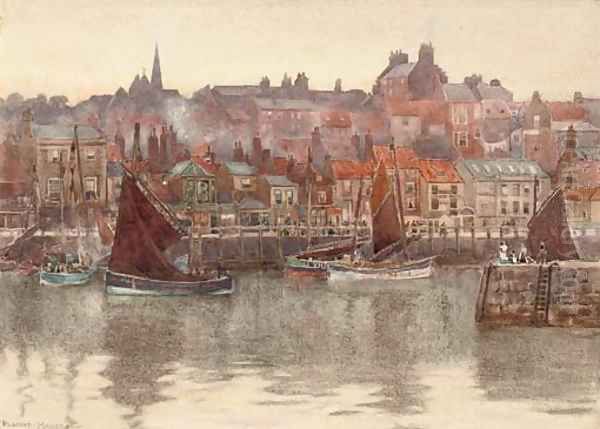 Fishing trawlers in the harbour at Whitby Oil Painting by Herbert Menzies Marshall