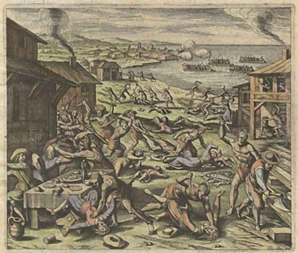 The massacre of the settlers in 1622 plate VII from America Part XIII Oil Painting by Matthaus the Elder Merian