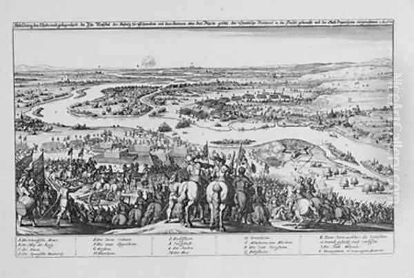 Crossing of the Rhine by the Protestant Swedish troops and the Conquest of Oppenheim on 7 November 1631 from Theatrum Europaeum Volume II 1633 Oil Painting by Matthaus the Elder Merian